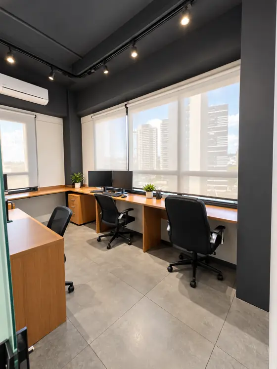 Sala de operação com bancada corrida junto às janelas